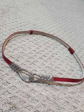 Chico's Red Skinny Adjustible Leather Belt Reptile Embossed Silver Buckle M/L